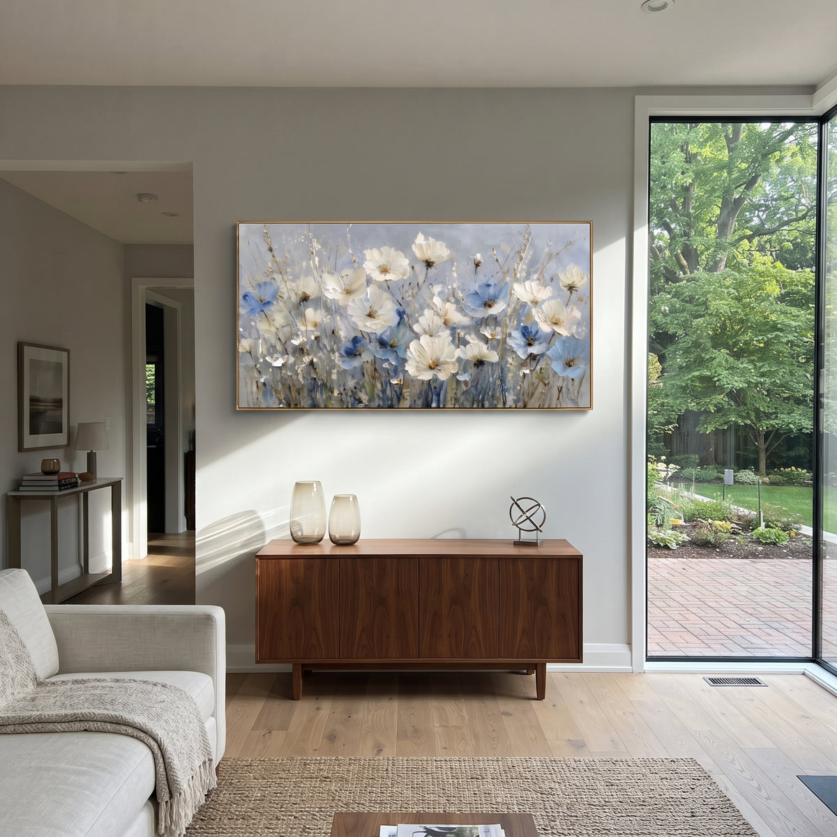 Elegant Magnolia Swirl focuses on a white magnolia merging with sweeping ivory and gold brushwork. The visible subject is placed within a carefully balanced painted field, with the main silhouette, feather, fur, petals, branches, clothing, landscape or background marks kept specific to this artwork. The palette of white, gold, beige creates the mood through clear warm and cool relationships, while lighter passages open the composition and darker passages give the focal form weight. Raised