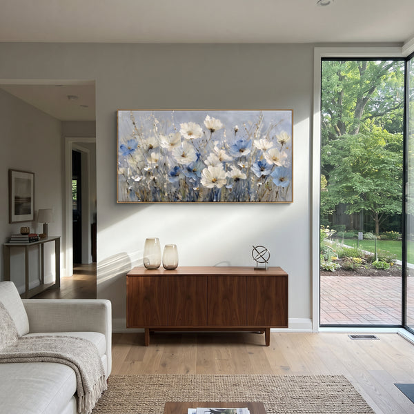 "Elegant Magnolia Swirl" - Modern Heavy Impasto Floral Abstract | White & Gold Palette Knife Painting | Luxury Horizontal Wall Art #PT 2866