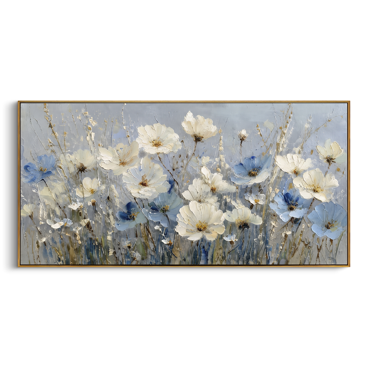 Elegant Magnolia Swirl focuses on a white magnolia merging with sweeping ivory and gold brushwork. The visible subject is placed within a carefully balanced painted field, with the main silhouette, feather, fur, petals, branches, clothing, landscape or background marks kept specific to this artwork. The palette of white, gold, beige creates the mood through clear warm and cool relationships, while lighter passages open the composition and darker passages give the focal form weight. Raised
