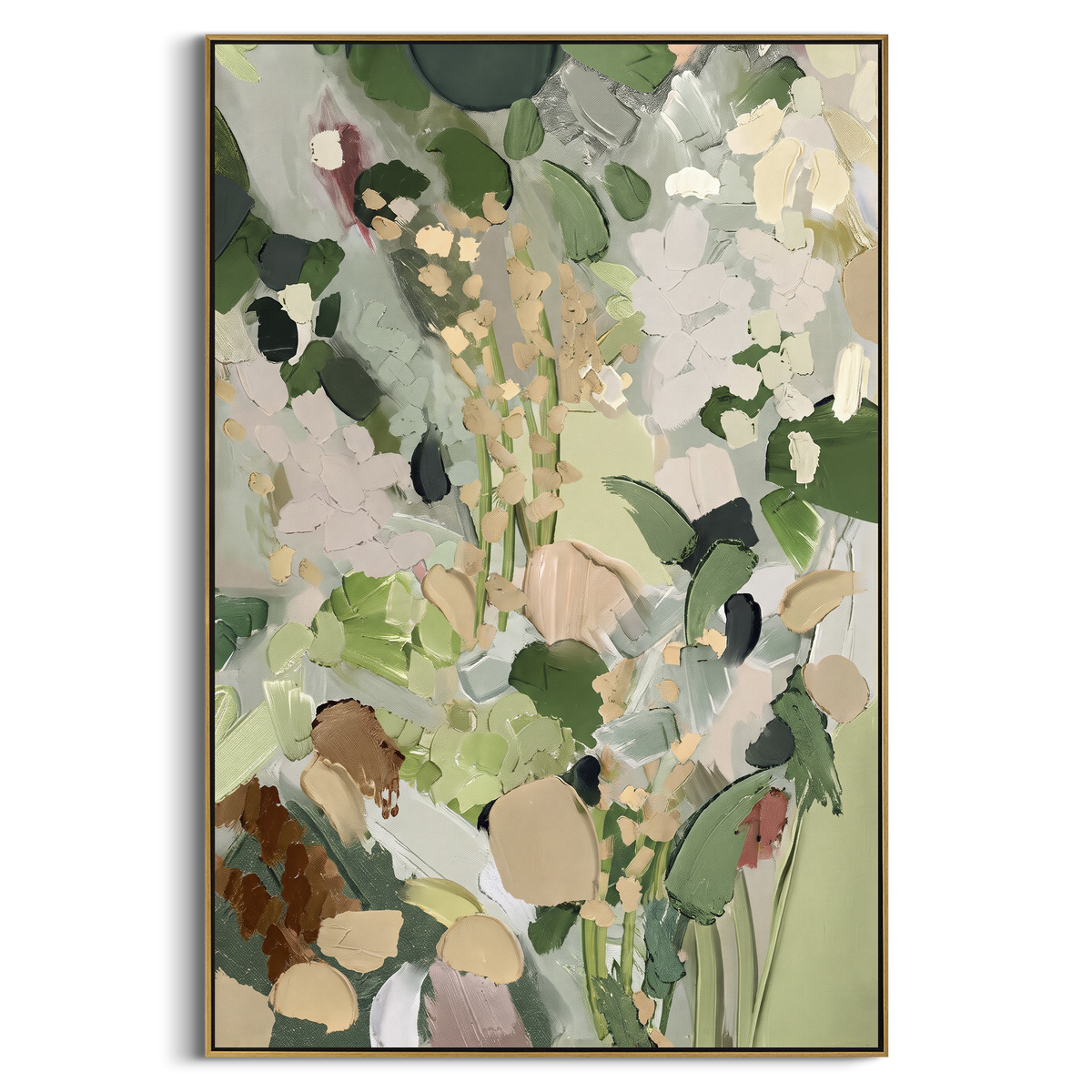 Garden Iris Reflection focuses on purple and yellow irises reflected in a painterly blue garden. The visible subject is placed within a carefully balanced painted field, with the main silhouette, feather, fur, petals, branches, clothing, landscape or background marks kept specific to this artwork. The palette of purple, yellow, green creates the mood through clear warm and cool relationships, while lighter passages open the composition and darker passages give the focal form weight. Raised