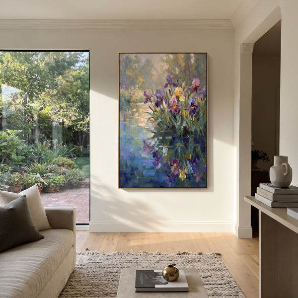 "Blue Meadow Blossoms" - Modern Heavy Impasto Landscape Artwork | Blue & White Palette Knife Painting | Luxury Vertical Wall Art #PT 2871