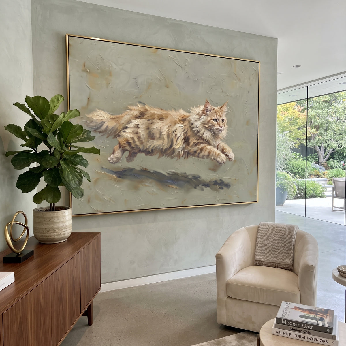 Leaping Maine Coon focuses on a long-haired tabby cat leaping across a muted sage ground. The visible subject is placed within a carefully balanced painted field, with the main silhouette, feather, fur, petals, branches, clothing, landscape or background marks kept specific to this artwork. The palette of brown, beige, green creates the mood through clear warm and cool relationships, while lighter passages open the composition and darker passages give the focal form weight. Raised impasto