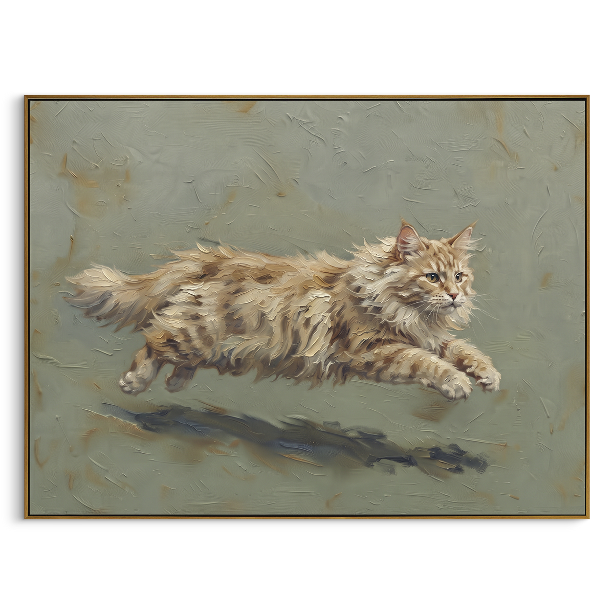 Leaping Maine Coon focuses on a long-haired tabby cat leaping across a muted sage ground. The visible subject is placed within a carefully balanced painted field, with the main silhouette, feather, fur, petals, branches, clothing, landscape or background marks kept specific to this artwork. The palette of brown, beige, green creates the mood through clear warm and cool relationships, while lighter passages open the composition and darker passages give the focal form weight. Raised impasto