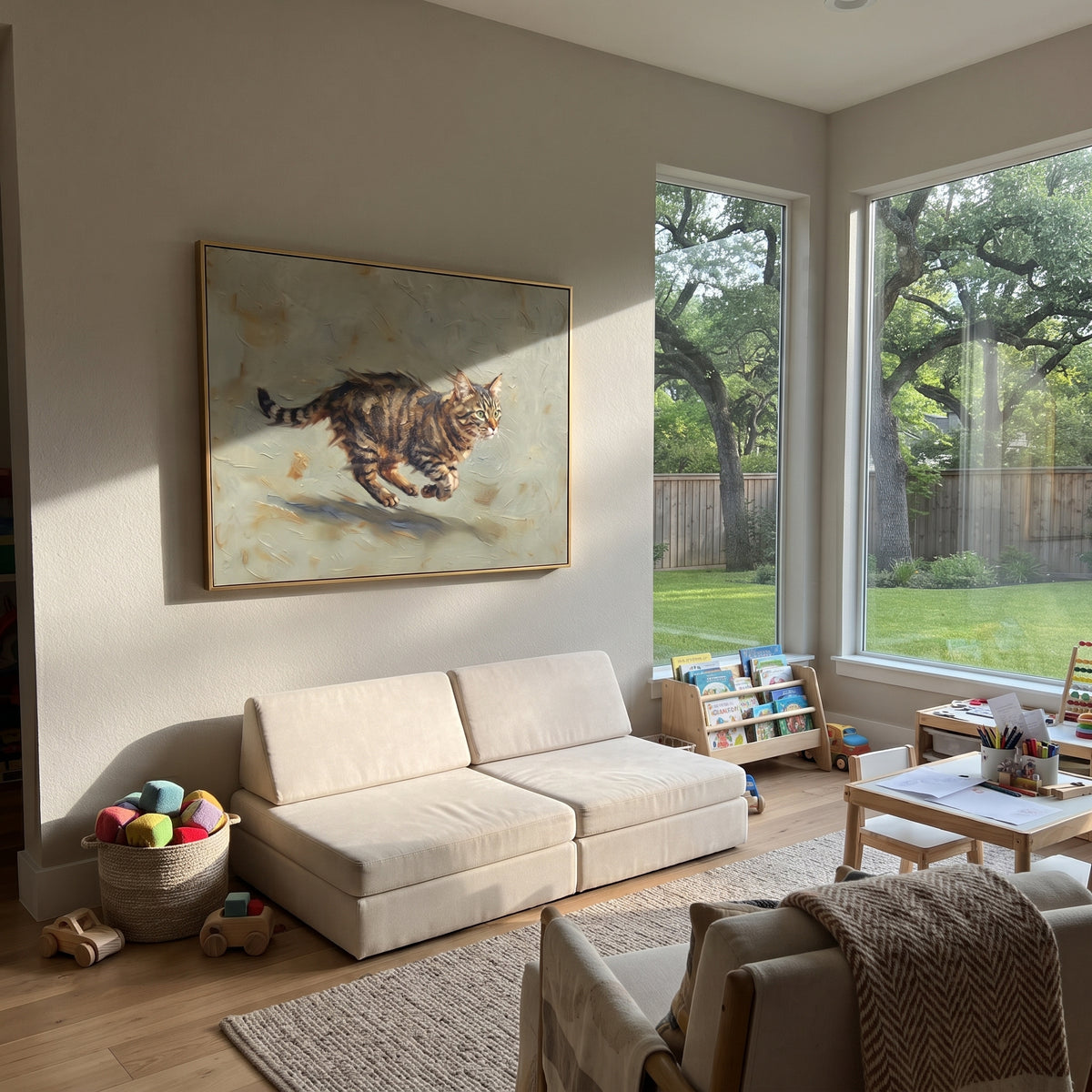 Running Tabby Cat focuses on a striped tabby running with its body stretched forward. The visible subject is placed within a carefully balanced painted field, with the main silhouette, feather, fur, petals, branches, clothing, landscape or background marks kept specific to this artwork. The palette of brown, grey, beige creates the mood through clear warm and cool relationships, while lighter passages open the composition and darker passages give the focal form weight. Raised impasto