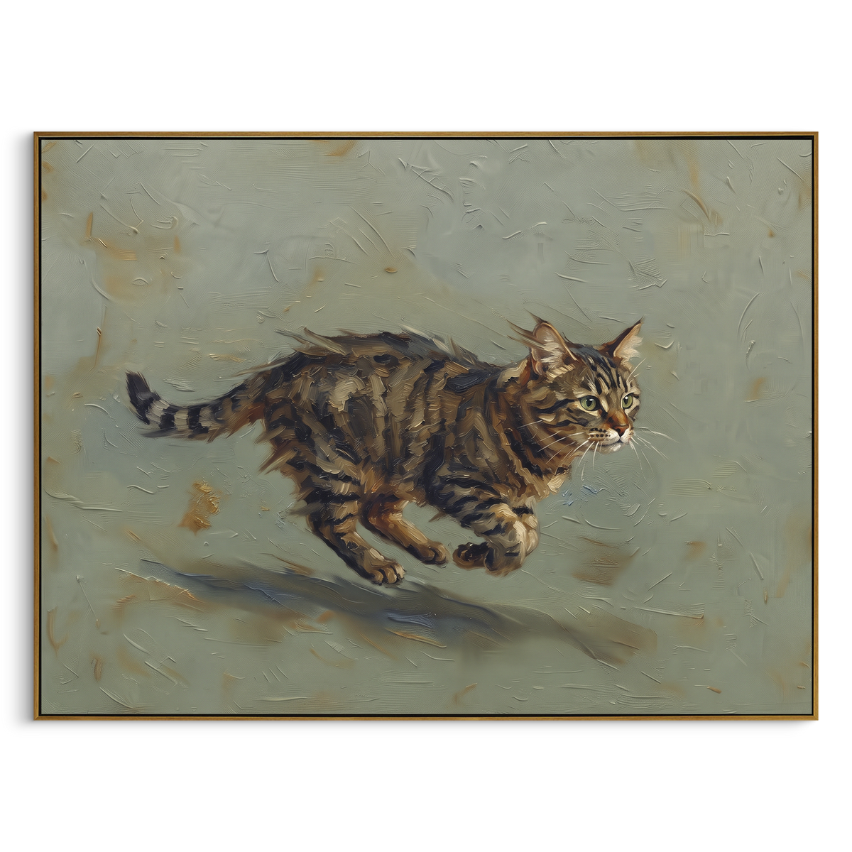 Running Tabby Cat focuses on a striped tabby running with its body stretched forward. The visible subject is placed within a carefully balanced painted field, with the main silhouette, feather, fur, petals, branches, clothing, landscape or background marks kept specific to this artwork. The palette of brown, grey, beige creates the mood through clear warm and cool relationships, while lighter passages open the composition and darker passages give the focal form weight. Raised impasto