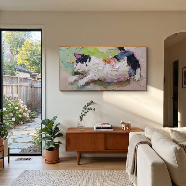 "Sleeping Patchwork Cat" - Modern Heavy Impasto Floral Abstract | White & Pink Palette Knife Painting | Luxury Horizontal Wall Art #PT 2874