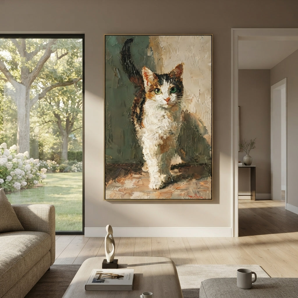 White Cat Portrait focuses on a white and calico cat standing upright against a dark green ground. The visible subject is placed within a carefully balanced painted field, with the main silhouette, feather, fur, petals, branches, clothing, landscape or background marks kept specific to this artwork. The palette of white, green, brown creates the mood through clear warm and cool relationships, while lighter passages open the composition and darker passages give the focal form weight. Raised