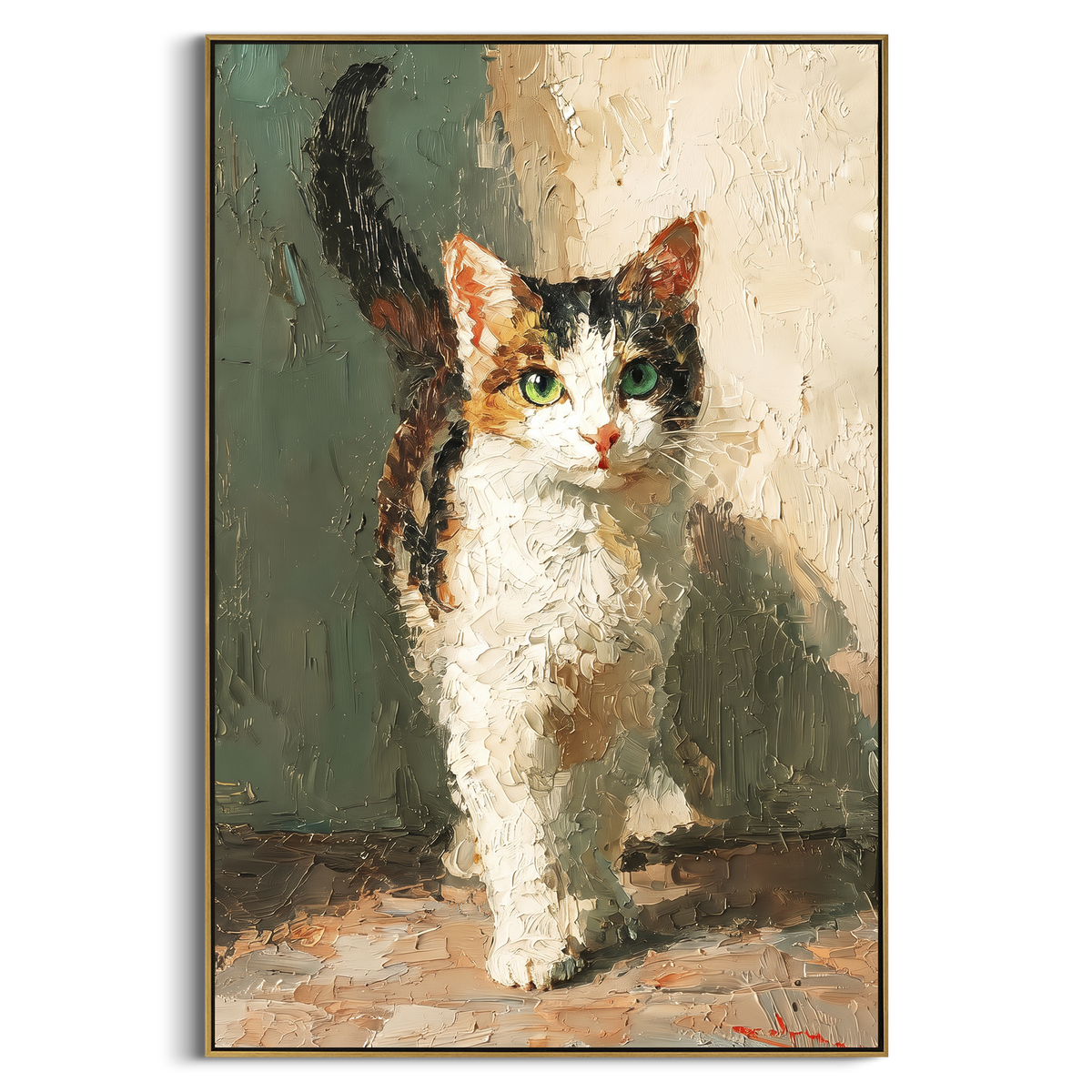 White Cat Portrait focuses on a white and calico cat standing upright against a dark green ground. The visible subject is placed within a carefully balanced painted field, with the main silhouette, feather, fur, petals, branches, clothing, landscape or background marks kept specific to this artwork. The palette of white, green, brown creates the mood through clear warm and cool relationships, while lighter passages open the composition and darker passages give the focal form weight. Raised