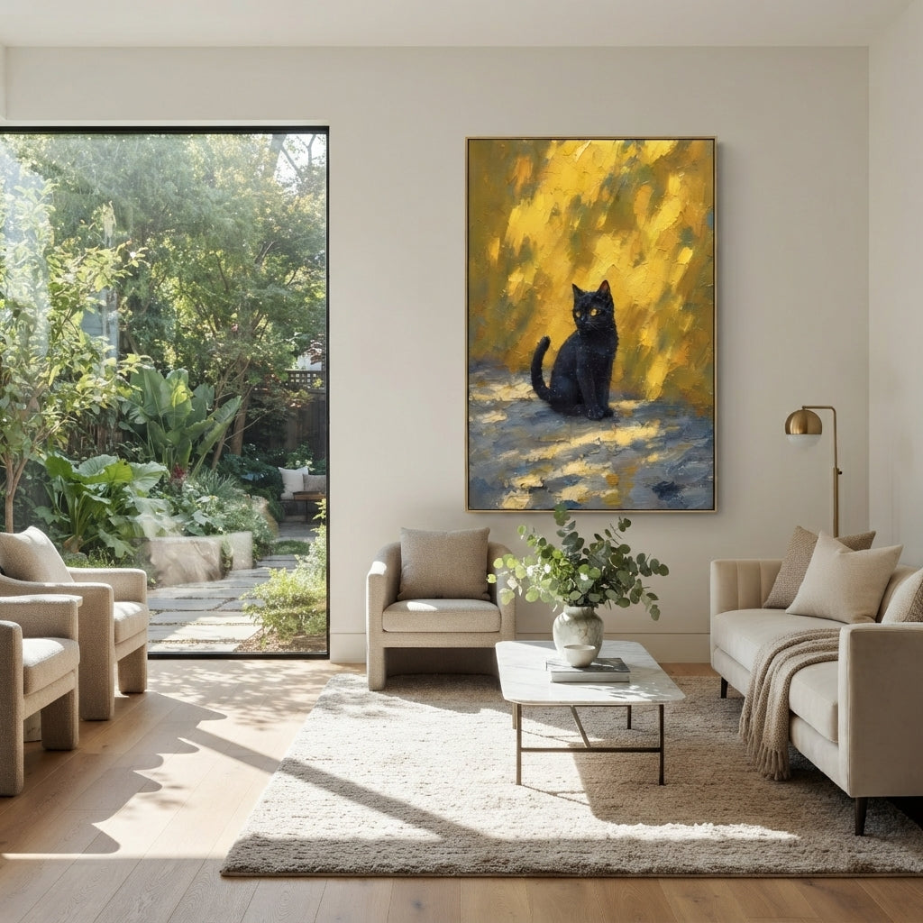 Black Cat in Golden Light focuses on a black cat sitting against a glowing ochre and blue background. The visible subject is placed within a carefully balanced painted field, with the main silhouette, feather, fur, petals, branches, clothing, landscape or background marks kept specific to this artwork. The palette of black, yellow, blue creates the mood through clear warm and cool relationships, while lighter passages open the composition and darker passages give the focal form weight. Raised