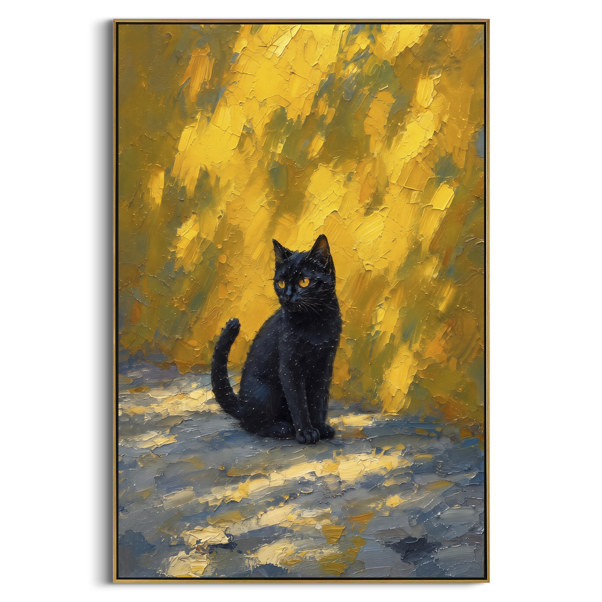 Black Cat in Golden Light focuses on a black cat sitting against a glowing ochre and blue background. The visible subject is placed within a carefully balanced painted field, with the main silhouette, feather, fur, petals, branches, clothing, landscape or background marks kept specific to this artwork. The palette of black, yellow, blue creates the mood through clear warm and cool relationships, while lighter passages open the composition and darker passages give the focal form weight. Raised