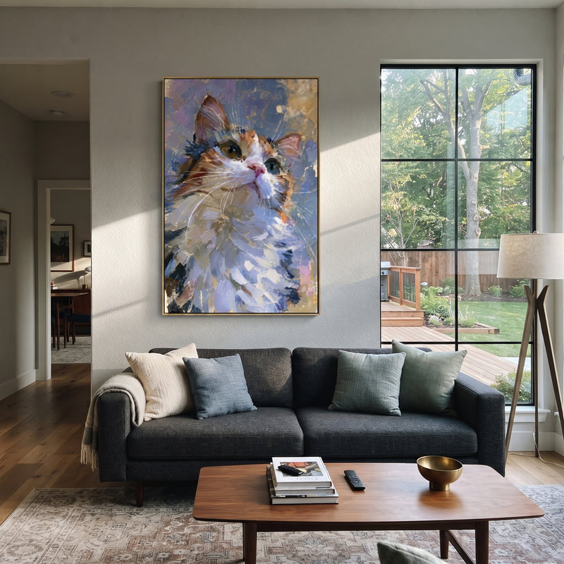 "Calico Cat Closeup" - Modern Heavy Impasto Floral Abstract | Blue & Orange Palette Knife Painting | Luxury Vertical Wall Art #PT 2877