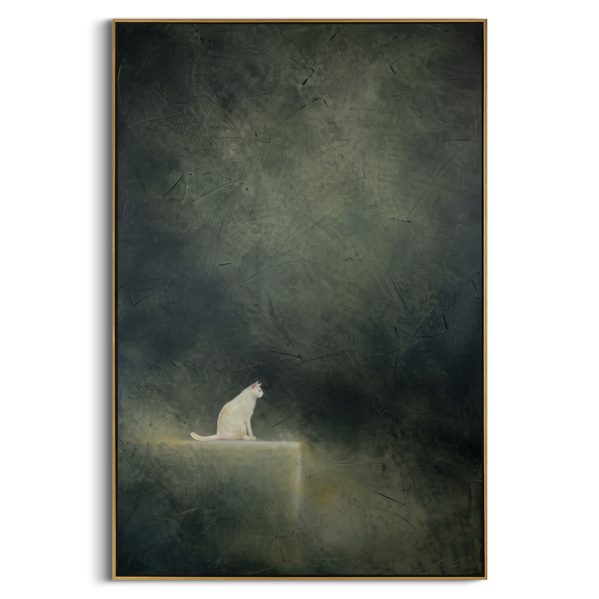 White Cat on Dark Wall focuses on a small white cat sitting in a deep green vertical space. The visible subject is placed within a carefully balanced painted field, with the main silhouette, feather, fur, petals, branches, clothing, landscape or background marks kept specific to this artwork. The palette of white, green, grey creates the mood through clear warm and cool relationships, while lighter passages open the composition and darker passages give the focal form weight. Raised impasto