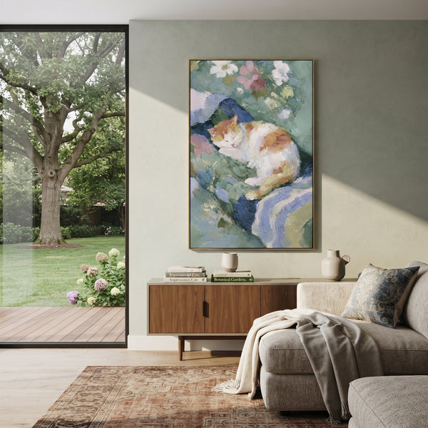 "Sleeping Cat on Cushion" - Modern Heavy Impasto Floral Abstract | Black & Green Palette Knife Painting | Luxury Vertical Wall Art #PT 2879