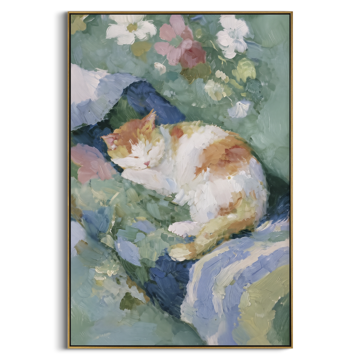 Sleeping Cat on Cushion focuses on a black cat sleeping on a green and cream sofa. The visible subject is placed within a carefully balanced painted field, with the main silhouette, feather, fur, petals, branches, clothing, landscape or background marks kept specific to this artwork. The palette of black, green, beige creates the mood through clear warm and cool relationships, while lighter passages open the composition and darker passages give the focal form weight. Raised impasto