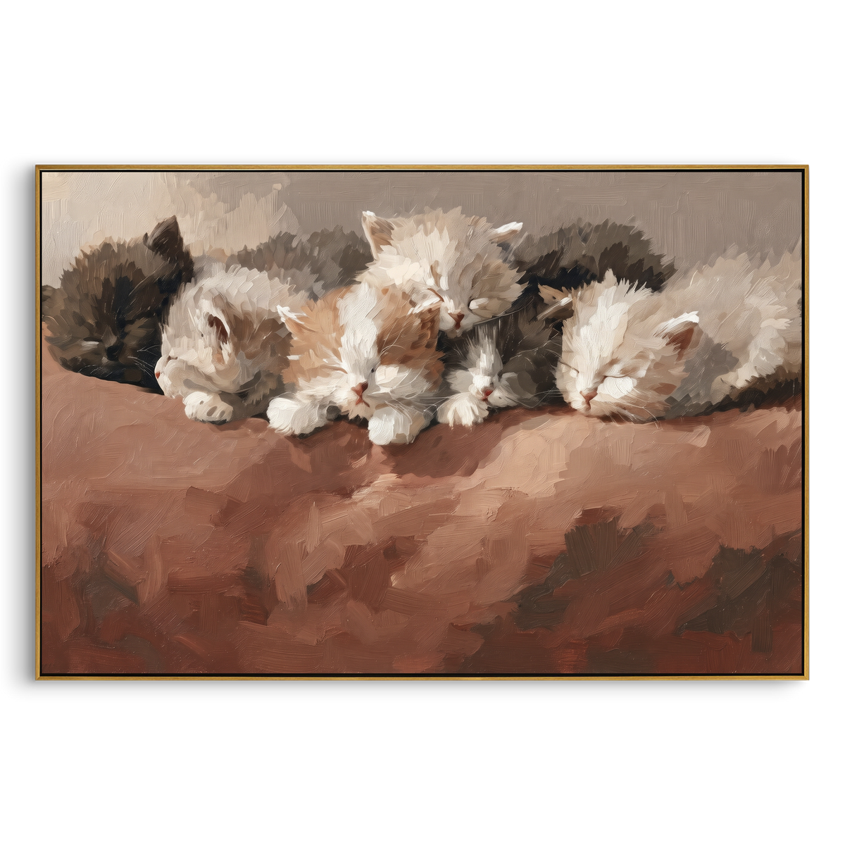 Calico Garden Cat focuses on a sleeping calico cat surrounded by blue and pastel flowers. The visible subject is placed within a carefully balanced painted field, with the main silhouette, feather, fur, petals, branches, clothing, landscape or background marks kept specific to this artwork. The palette of orange, blue, green creates the mood through clear warm and cool relationships, while lighter passages open the composition and darker passages give the focal form weight. Raised impasto