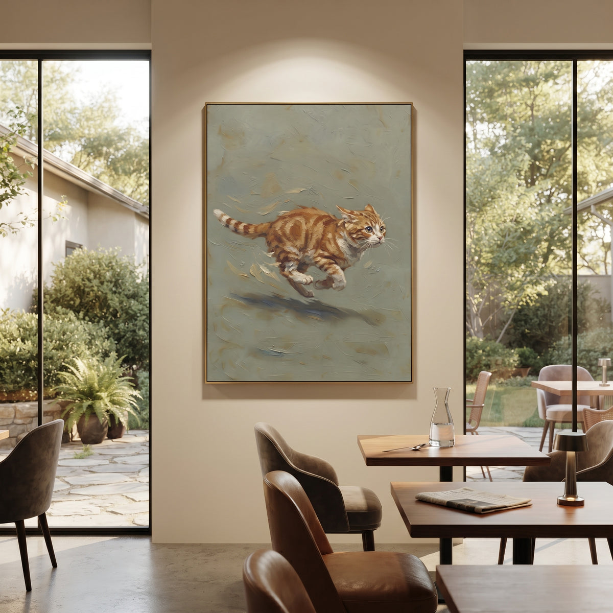 Running Longhair Cat focuses on a long-haired cat running through a soft sage ground. The visible subject is placed within a carefully balanced painted field, with the main silhouette, feather, fur, petals, branches, clothing, landscape or background marks kept specific to this artwork. The palette of beige, brown, green creates the mood through clear warm and cool relationships, while lighter passages open the composition and darker passages give the focal form weight. Raised impasto