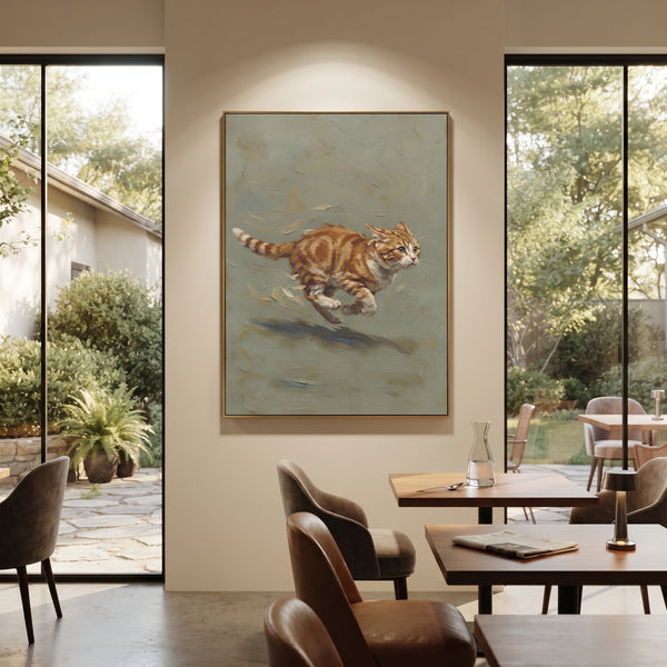 "Running Longhair Cat" - Modern Heavy Impasto Floral Abstract | Beige & Brown Palette Knife Painting | Luxury Vertical Wall Art #PT 2882