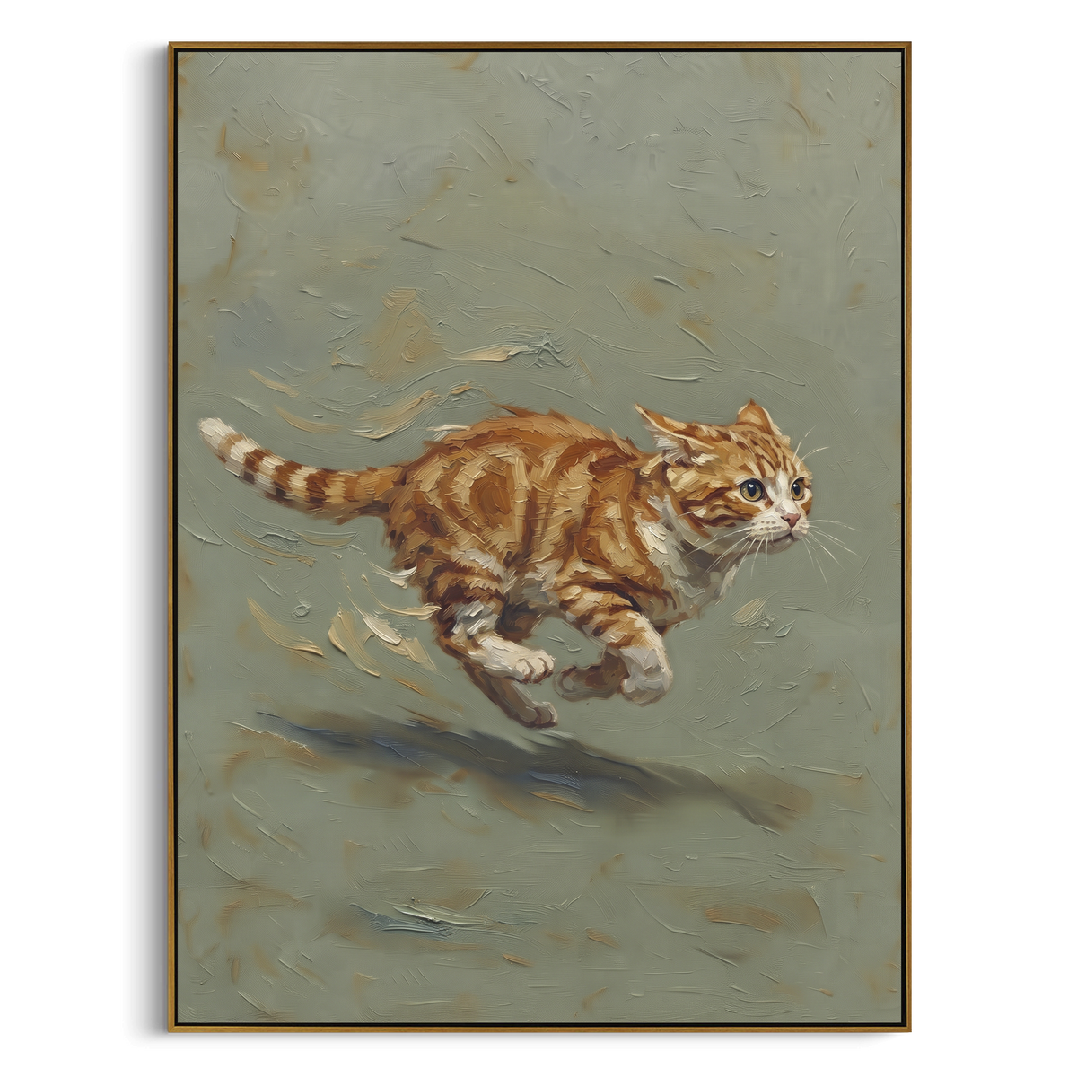 Running Longhair Cat focuses on a long-haired cat running through a soft sage ground. The visible subject is placed within a carefully balanced painted field, with the main silhouette, feather, fur, petals, branches, clothing, landscape or background marks kept specific to this artwork. The palette of beige, brown, green creates the mood through clear warm and cool relationships, while lighter passages open the composition and darker passages give the focal form weight. Raised impasto