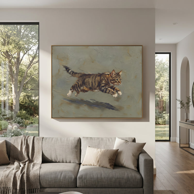 "Sleeping Cat Collage" - Modern Heavy Impasto Floral Abstract | Green & Purple Palette Knife Painting | Luxury Horizontal Wall Art #PT 2884