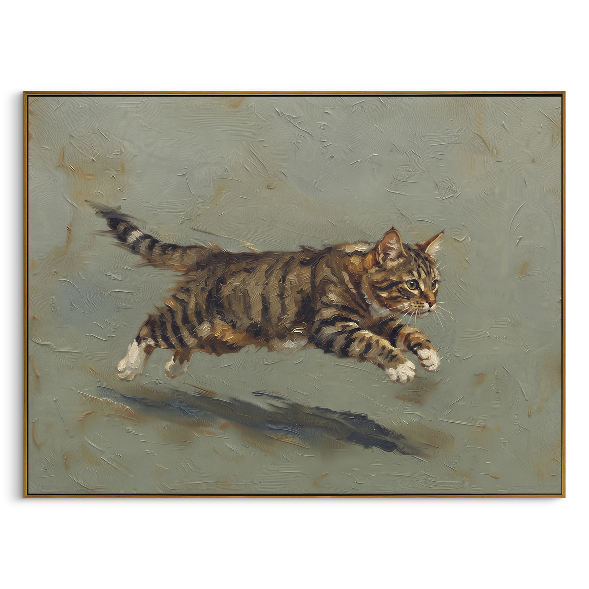 Sleeping Cat Collage focuses on a resting cat formed from pale green, lilac and cream painted blocks. The visible subject is placed within a carefully balanced painted field, with the main silhouette, feather, fur, petals, branches, clothing, landscape or background marks kept specific to this artwork. The palette of green, purple, beige creates the mood through clear warm and cool relationships, while lighter passages open the composition and darker passages give the focal form weight. Raised