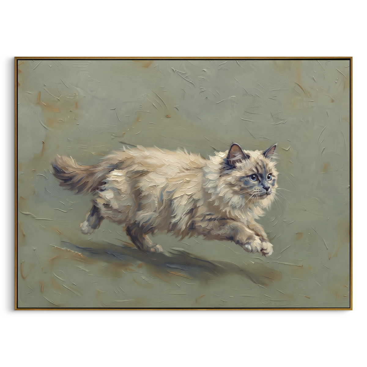 Tabby Cat Sprint focuses on a striped tabby cat sprinting across a muted green field. The visible subject is placed within a carefully balanced painted field, with the main silhouette, feather, fur, petals, branches, clothing, landscape or background marks kept specific to this artwork. The palette of brown, green, grey creates the mood through clear warm and cool relationships, while lighter passages open the composition and darker passages give the focal form weight. Raised impasto