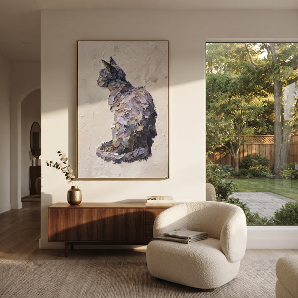 "Fluffy Cat in Flight" - Modern Heavy Impasto Floral Abstract | White & Beige Palette Knife Painting | Luxury Vertical Wall Art #PT 2886