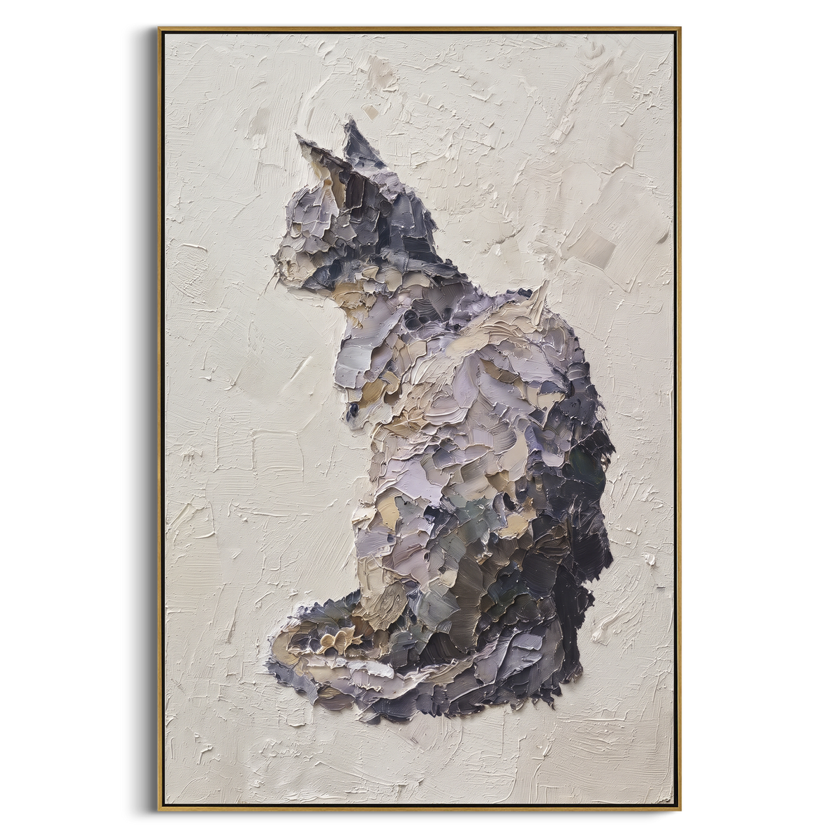 Fluffy Cat in Flight focuses on a fluffy cream cat leaping with its shadow below. The visible subject is placed within a carefully balanced painted field, with the main silhouette, feather, fur, petals, branches, clothing, landscape or background marks kept specific to this artwork. The palette of white, beige, grey creates the mood through clear warm and cool relationships, while lighter passages open the composition and darker passages give the focal form weight. Raised impasto, palette-knife