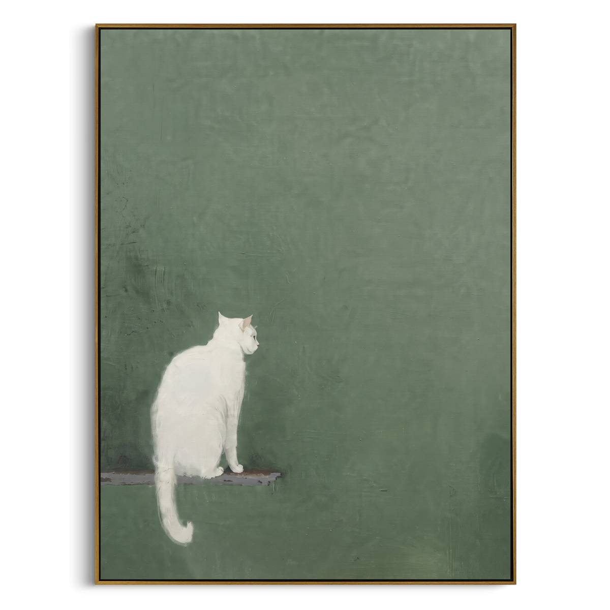 Cat Under Scarf focuses on a small cat beside a figure in a blue scarf and dark coat. The visible subject is placed within a carefully balanced painted field, with the main silhouette, feather, fur, petals, branches, clothing, landscape or background marks kept specific to this artwork. The palette of blue, black, grey creates the mood through clear warm and cool relationships, while lighter passages open the composition and darker passages give the focal form weight. Raised impasto