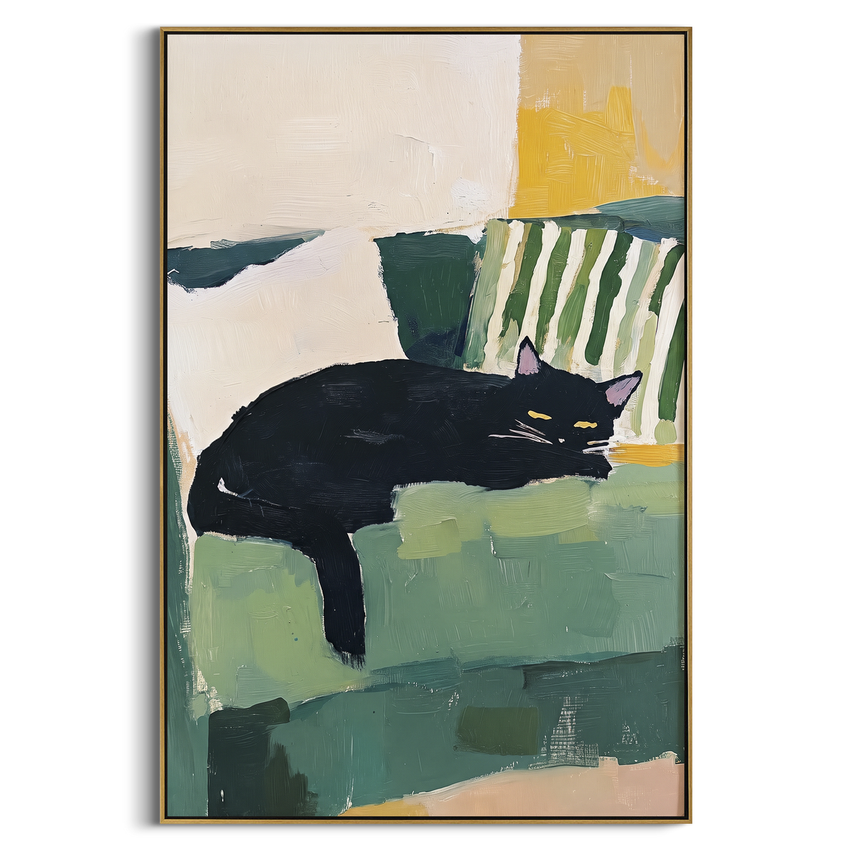Ginger Cat Walker focuses on a ginger cat walking beside a woman in a warm orange dress. The visible subject is placed within a carefully balanced painted field, with the main silhouette, feather, fur, petals, branches, clothing, landscape or background marks kept specific to this artwork. The palette of orange, green, grey creates the mood through clear warm and cool relationships, while lighter passages open the composition and darker passages give the focal form weight. Raised impasto