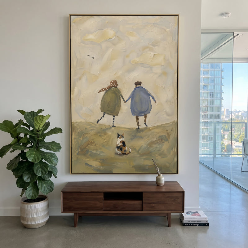 "Calico on the Path" - Modern Heavy Impasto Floral Abstract | Green & Beige Palette Knife Painting | Luxury Vertical Wall Art #PT 2889