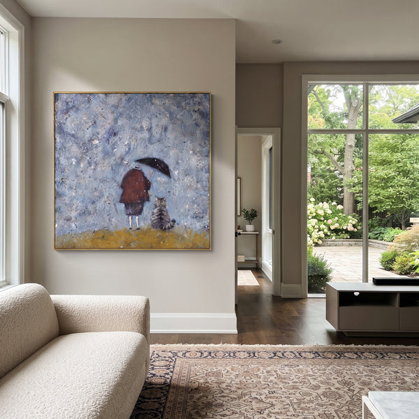 "Woman with Black Cat" - Modern Heavy Impasto Floral Abstract | Black & Grey Palette Knife Painting | Luxury Square Wall Art #PT 2890