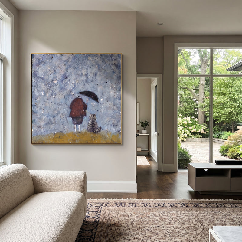 "Woman with Black Cat" - Modern Heavy Impasto Floral Abstract | Black & Grey Palette Knife Painting | Luxury Square Wall Art #PT 2890