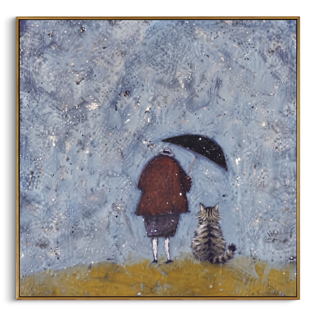 Woman with Black Cat focuses on a woman in a dark coat walking with a black-and-white cat. The visible subject is placed within a carefully balanced painted field, with the main silhouette, feather, fur, petals, branches, clothing, landscape or background marks kept specific to this artwork. The palette of black, grey, white creates the mood through clear warm and cool relationships, while lighter passages open the composition and darker passages give the focal form weight. Raised impasto
