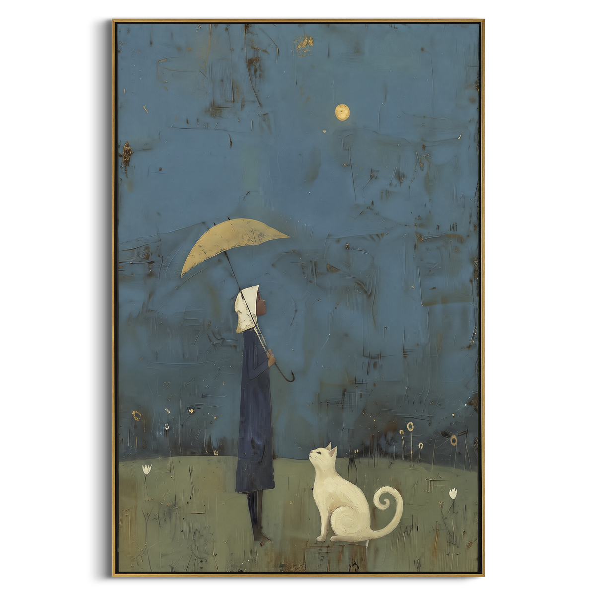 Woman with Cat and Umbrella focuses on a yellow-coated figure holding an umbrella beside a cat. The visible subject is placed within a carefully balanced painted field, with the main silhouette, feather, fur, petals, branches, clothing, landscape or background marks kept specific to this artwork. The palette of yellow, black, grey creates the mood through clear warm and cool relationships, while lighter passages open the composition and darker passages give the focal form weight. Raised impasto