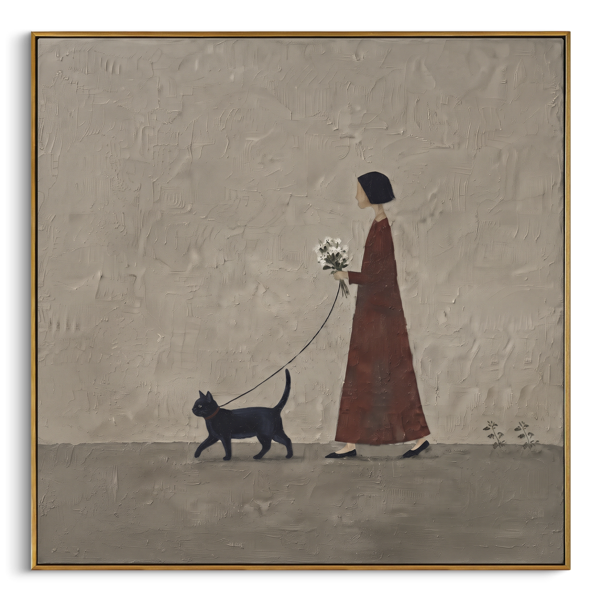 Umbrella Walk with Cat focuses on a woman with an umbrella and a cat crossing a blue-grey field. The visible subject is placed within a carefully balanced painted field, with the main silhouette, feather, fur, petals, branches, clothing, landscape or background marks kept specific to this artwork. The palette of blue, black, yellow creates the mood through clear warm and cool relationships, while lighter passages open the composition and darker passages give the focal form weight. Raised