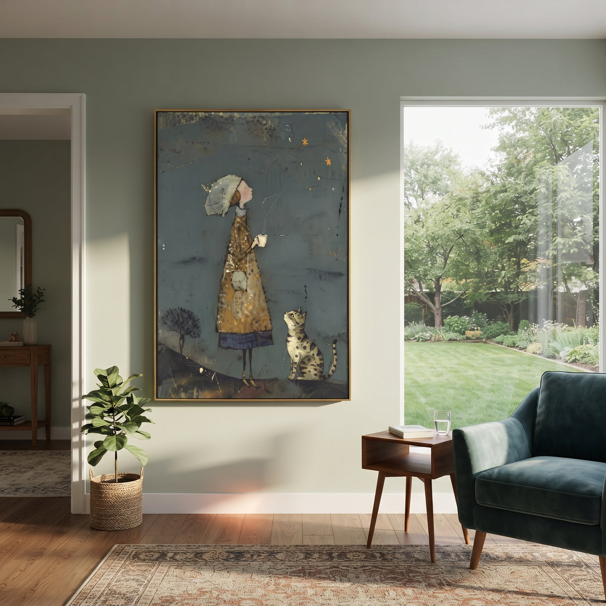 Black Cat on Green Sofa focuses on a black cat lounging on a modern green sofa. The visible subject is placed within a carefully balanced painted field, with the main silhouette, feather, fur, petals, branches, clothing, landscape or background marks kept specific to this artwork. The palette of black, green, white creates the mood through clear warm and cool relationships, while lighter passages open the composition and darker passages give the focal form weight. Raised impasto, palette-knife