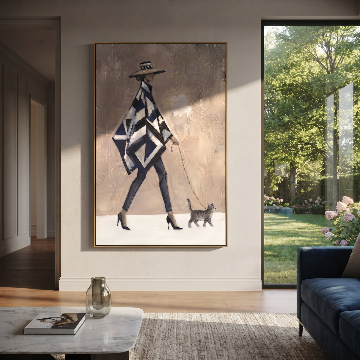 Cats under Blue Sky focuses on a pair of cats beneath a dreamy textured blue sky. The visible subject is placed within a carefully balanced painted field, with the main silhouette, feather, fur, petals, branches, clothing, landscape or background marks kept specific to this artwork. The palette of blue, white, grey creates the mood through clear warm and cool relationships, while lighter passages open the composition and darker passages give the focal form weight. Raised impasto, palette-knife