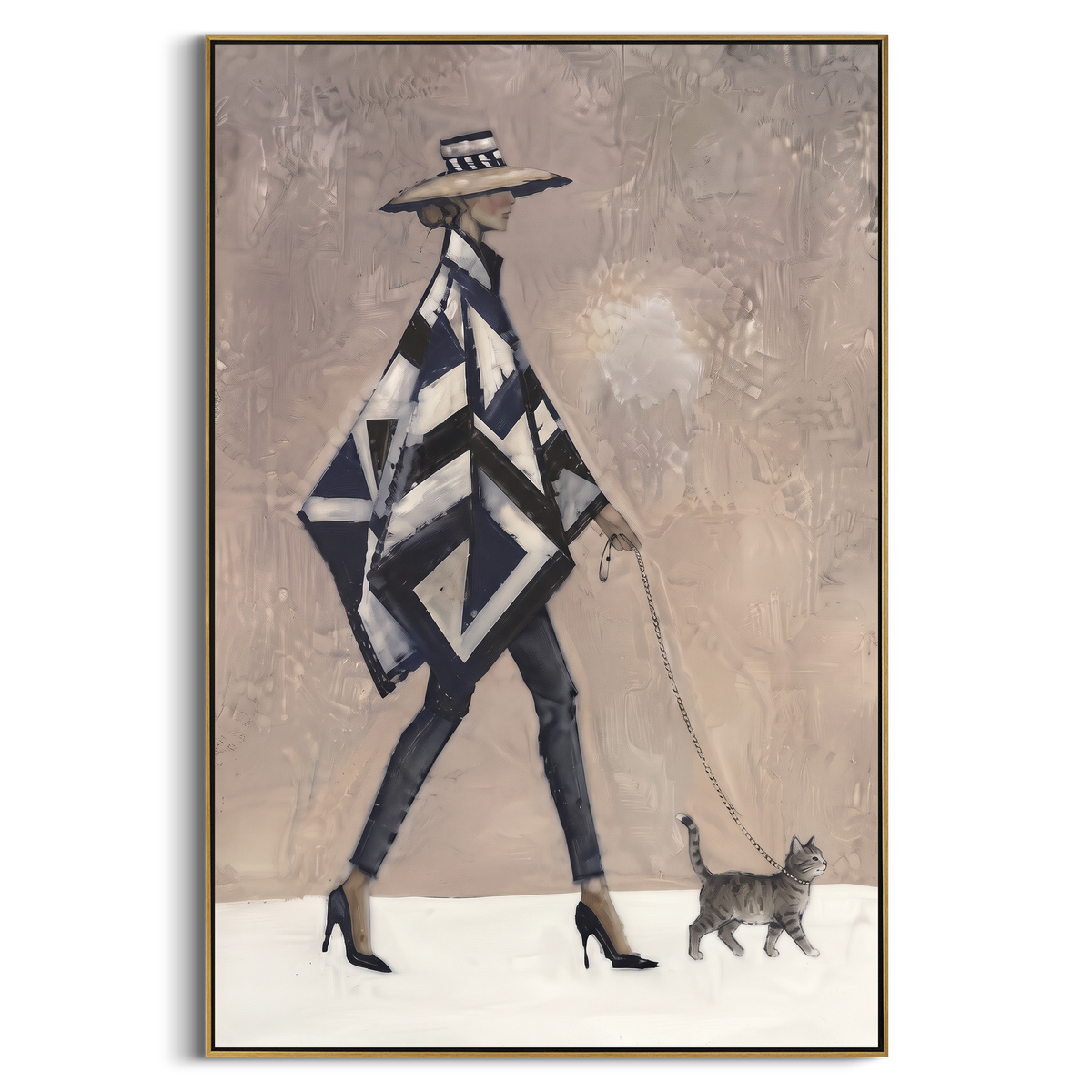 Cats under Blue Sky focuses on a pair of cats beneath a dreamy textured blue sky. The visible subject is placed within a carefully balanced painted field, with the main silhouette, feather, fur, petals, branches, clothing, landscape or background marks kept specific to this artwork. The palette of blue, white, grey creates the mood through clear warm and cool relationships, while lighter passages open the composition and darker passages give the focal form weight. Raised impasto, palette-knife