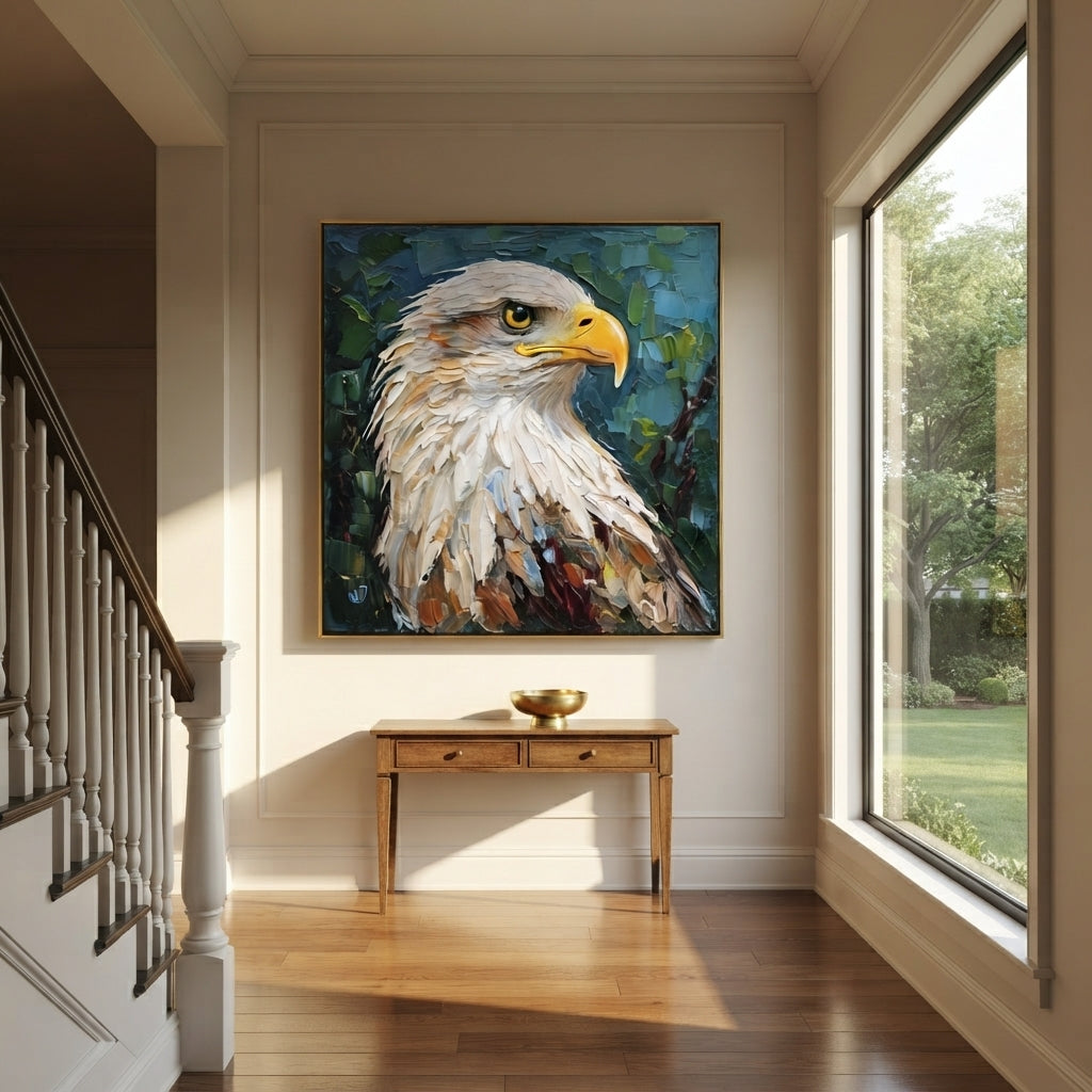 Bald Eagle Closeup focuses on a close bald eagle portrait with white feathers and green-blue foliage. The visible subject is placed within a carefully balanced painted field, with the main silhouette, feather, fur, petals, branches, clothing, landscape or background marks kept specific to this artwork. The palette of white, blue, green creates the mood through clear warm and cool relationships, while lighter passages open the composition and darker passages give the focal form weight. Raised