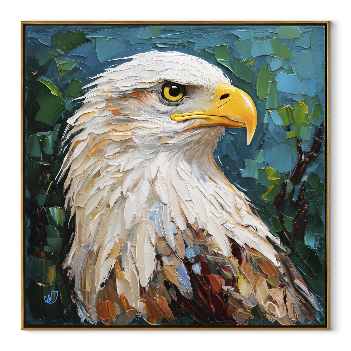 Bald Eagle Closeup focuses on a close bald eagle portrait with white feathers and green-blue foliage. The visible subject is placed within a carefully balanced painted field, with the main silhouette, feather, fur, petals, branches, clothing, landscape or background marks kept specific to this artwork. The palette of white, blue, green creates the mood through clear warm and cool relationships, while lighter passages open the composition and darker passages give the focal form weight. Raised