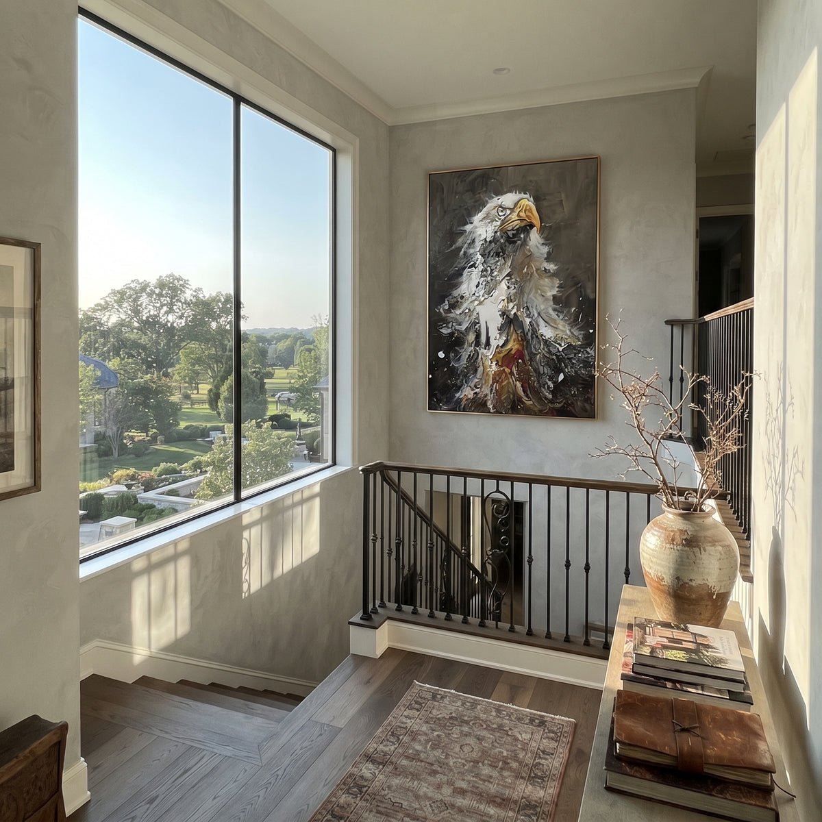 Charcoal Eagle Portrait focuses on a dramatic eagle portrait built from charcoal, white and rust texture. The visible subject is placed within a carefully balanced painted field, with the main silhouette, feather, fur, petals, branches, clothing, landscape or background marks kept specific to this artwork. The palette of black, grey, orange creates the mood through clear warm and cool relationships, while lighter passages open the composition and darker passages give the focal form weight.
