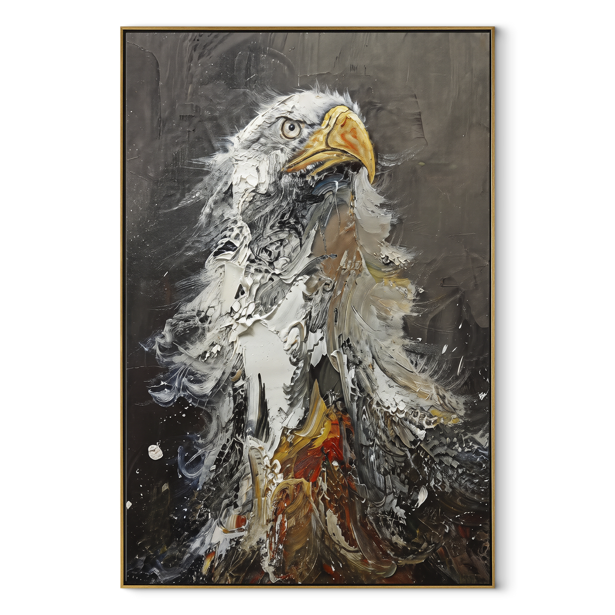 Charcoal Eagle Portrait focuses on a dramatic eagle portrait built from charcoal, white and rust texture. The visible subject is placed within a carefully balanced painted field, with the main silhouette, feather, fur, petals, branches, clothing, landscape or background marks kept specific to this artwork. The palette of black, grey, orange creates the mood through clear warm and cool relationships, while lighter passages open the composition and darker passages give the focal form weight.
