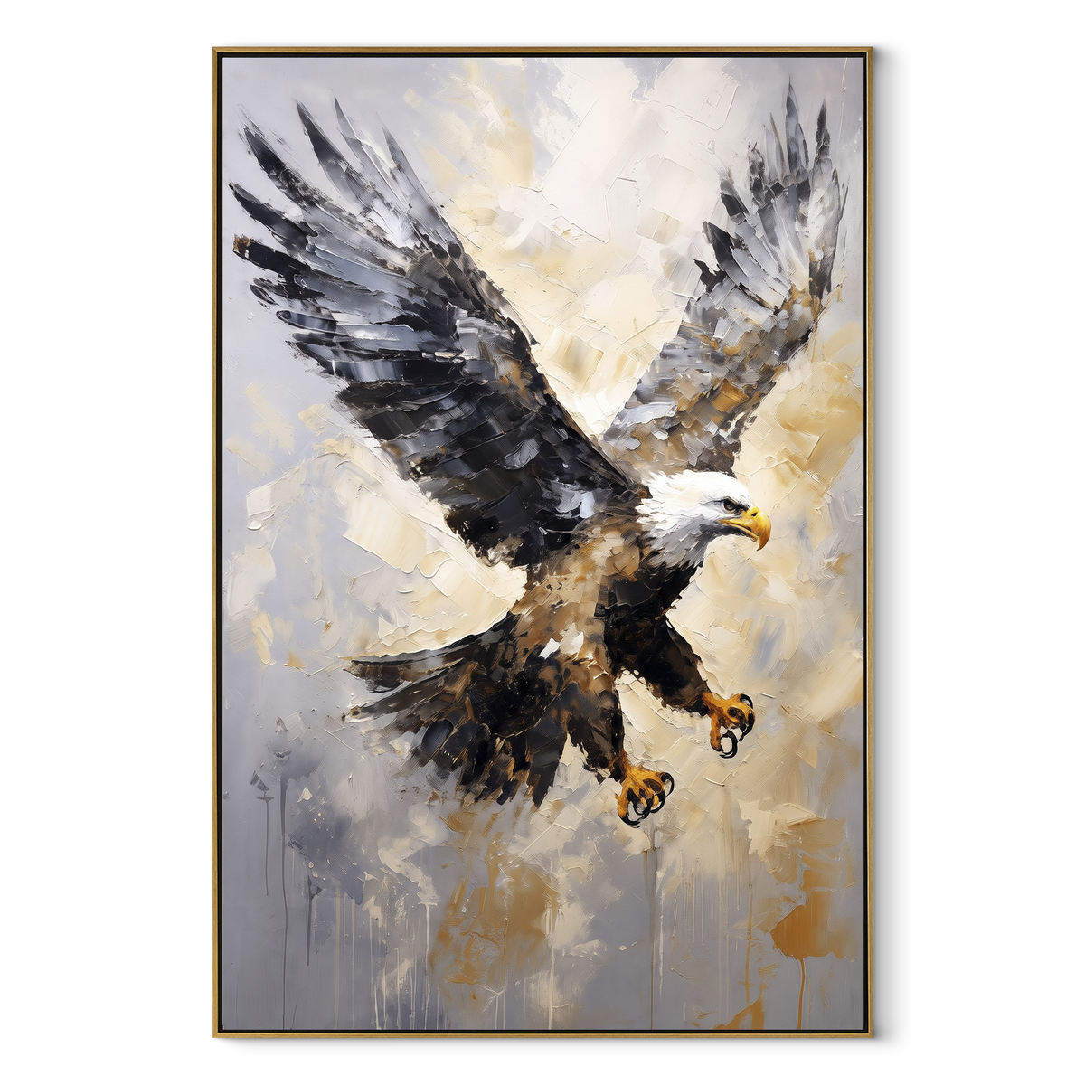 Eagle in White Flight focuses on a bald eagle flying forward through white and grey atmospheric paint. The visible subject is placed within a carefully balanced painted field, with the main silhouette, feather, fur, petals, branches, clothing, landscape or background marks kept specific to this artwork. The palette of white, grey, black creates the mood through clear warm and cool relationships, while lighter passages open the composition and darker passages give the focal form weight. Raised