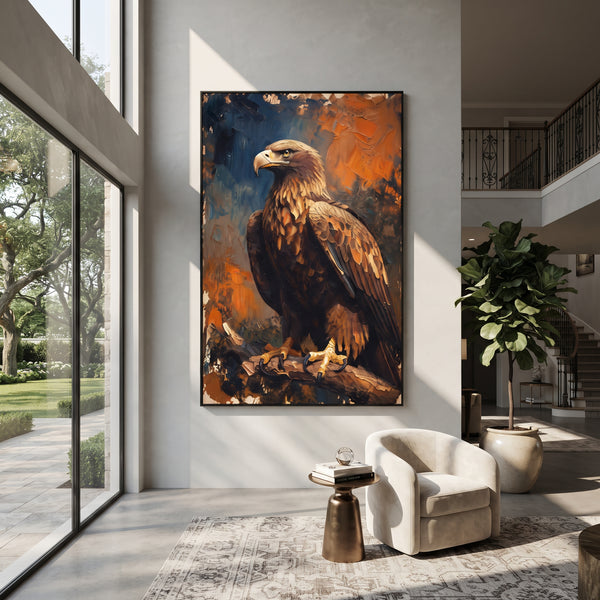 "Golden Eagle on Branch" - Modern Heavy Impasto Floral Abstract | Brown & Gold Palette Knife Painting | Luxury Vertical Wall Art #PT 2909