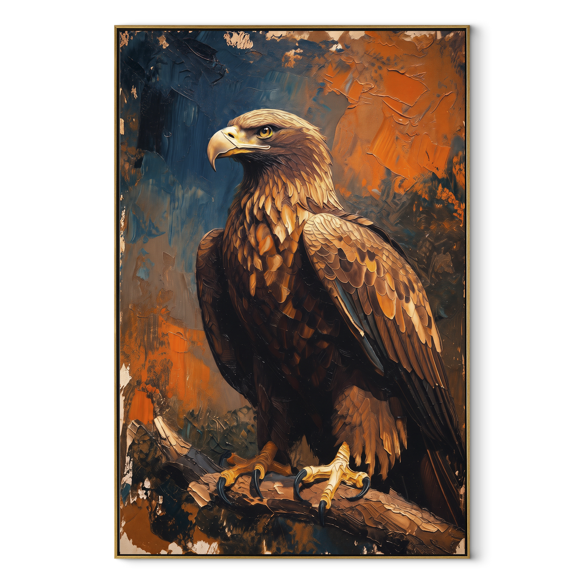Golden Eagle on Branch focuses on a golden-brown eagle perched against a dark blue and ochre ground. The visible subject is placed within a carefully balanced painted field, with the main silhouette, feather, fur, petals, branches, clothing, landscape or background marks kept specific to this artwork. The palette of brown, gold, blue creates the mood through clear warm and cool relationships, while lighter passages open the composition and darker passages give the focal form weight. Raised