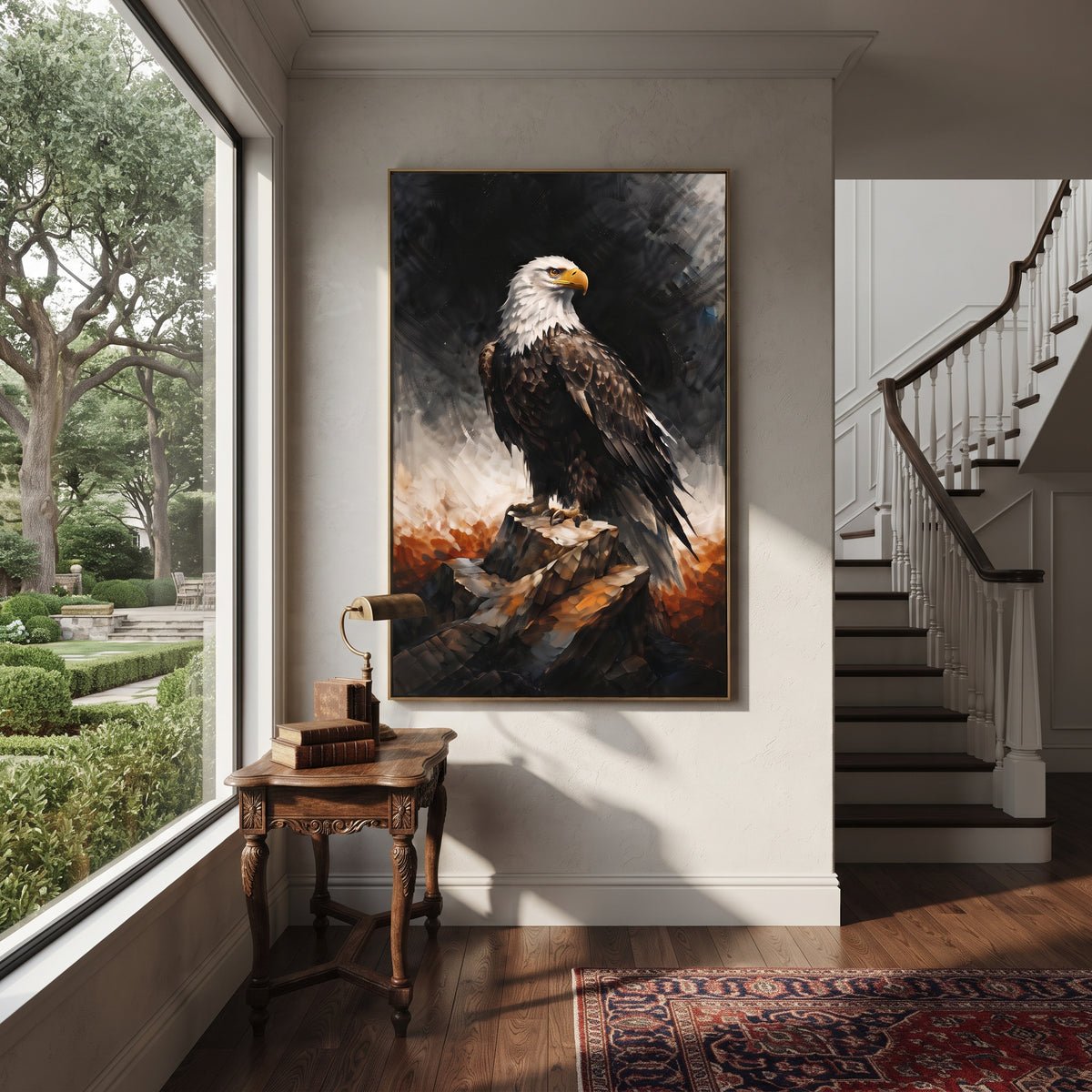 Black Background Eagle focuses on a bald eagle perched on rock against a black and amber sky. The visible subject is placed within a carefully balanced painted field, with the main silhouette, feather, fur, petals, branches, clothing, landscape or background marks kept specific to this artwork. The palette of black, brown, orange creates the mood through clear warm and cool relationships, while lighter passages open the composition and darker passages give the focal form weight. Raised impasto
