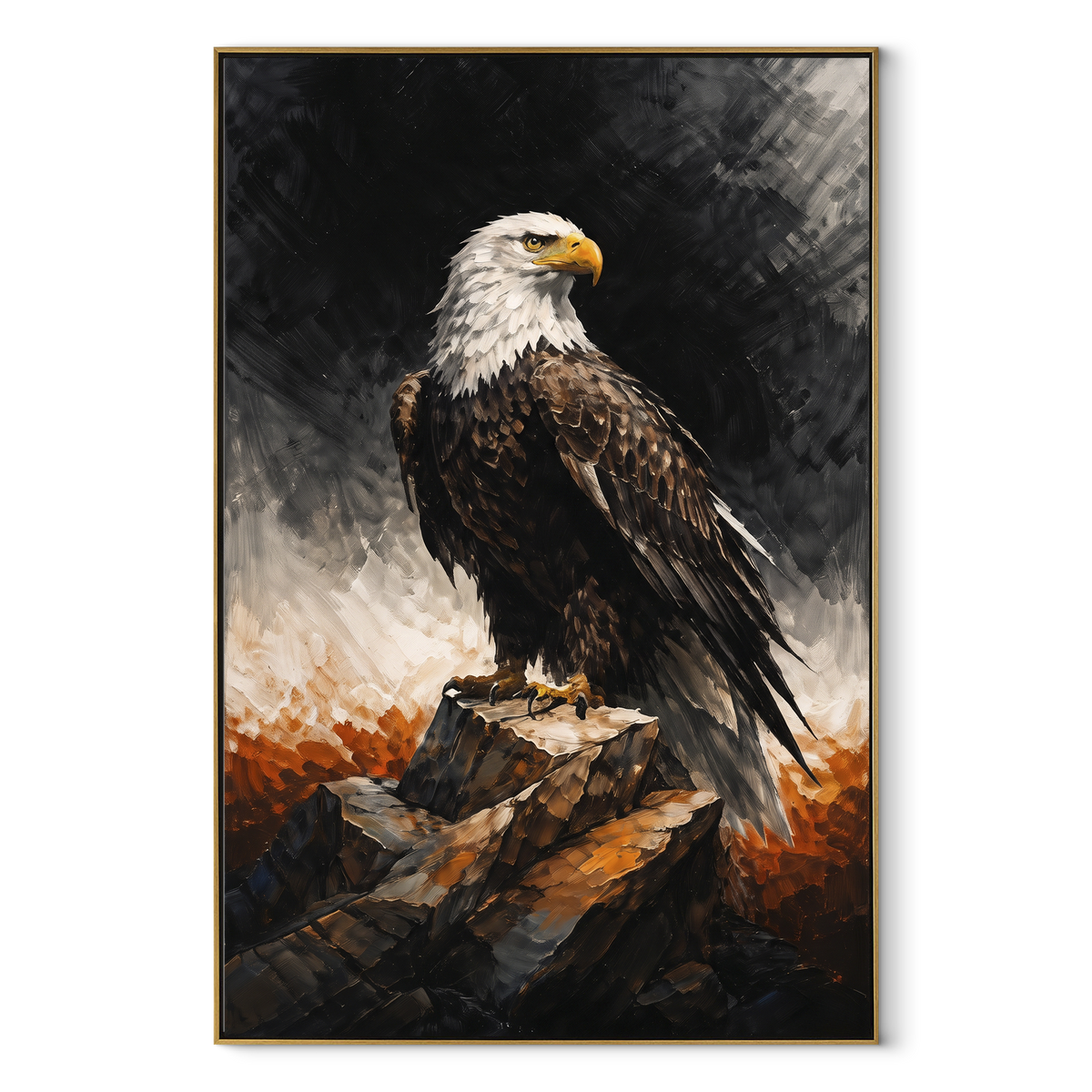 Black Background Eagle focuses on a bald eagle perched on rock against a black and amber sky. The visible subject is placed within a carefully balanced painted field, with the main silhouette, feather, fur, petals, branches, clothing, landscape or background marks kept specific to this artwork. The palette of black, brown, orange creates the mood through clear warm and cool relationships, while lighter passages open the composition and darker passages give the focal form weight. Raised impasto