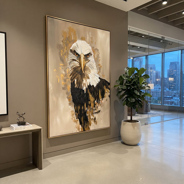 "White Head Eagle Portrait" - Modern Heavy Impasto Floral Abstract | White & Gold Palette Knife Painting | Luxury Vertical Wall Art #PT 2912