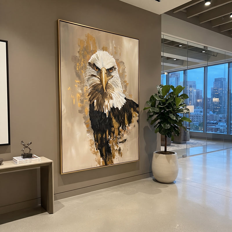 "White Head Eagle Portrait" - Modern Heavy Impasto Floral Abstract | White & Gold Palette Knife Painting | Luxury Vertical Wall Art #PT 2912