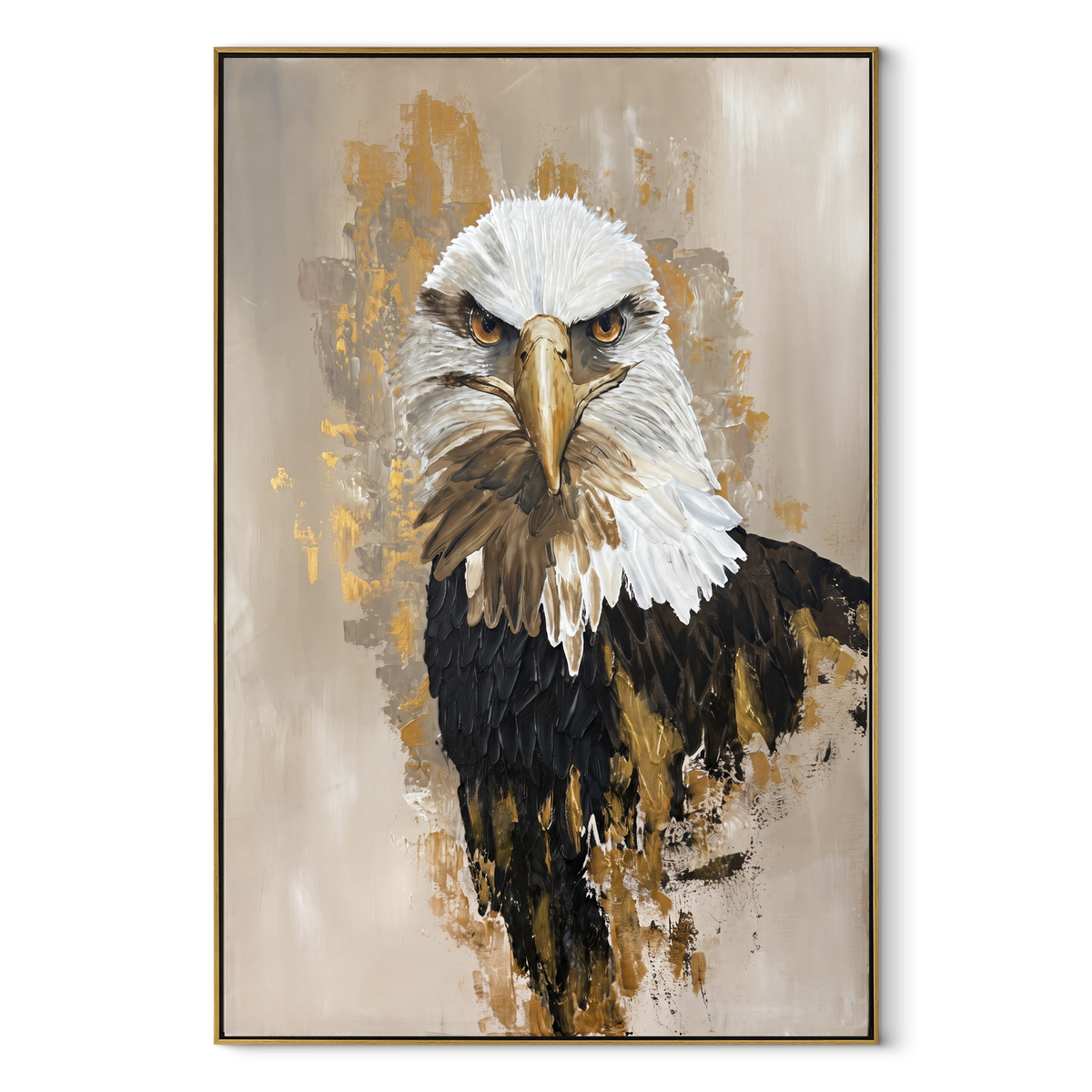 White Head Eagle Portrait focuses on a frontal bald eagle portrait with a warm cream and gold ground. The visible subject is placed within a carefully balanced painted field, with the main silhouette, feather, fur, petals, branches, clothing, landscape or background marks kept specific to this artwork. The palette of white, gold, beige creates the mood through clear warm and cool relationships, while lighter passages open the composition and darker passages give the focal form weight. Raised